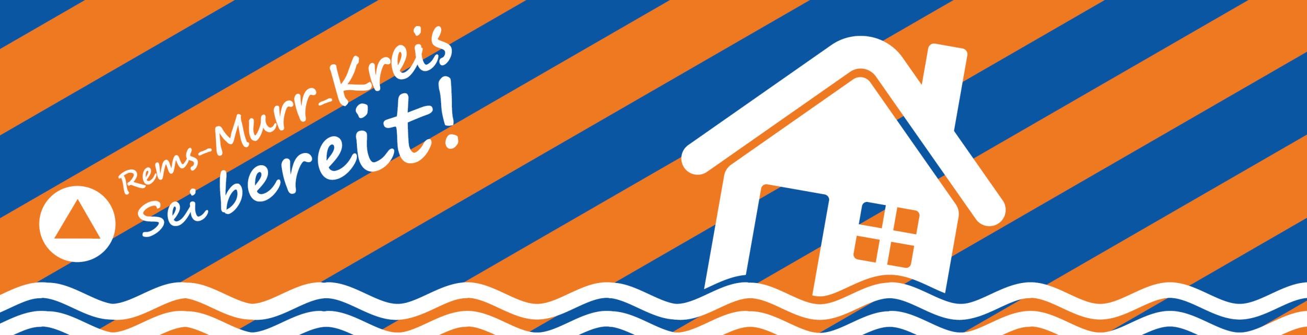 Abwechselnd blaue und orangefarbene Streifen mit Haus, das in den Fluten versinkt